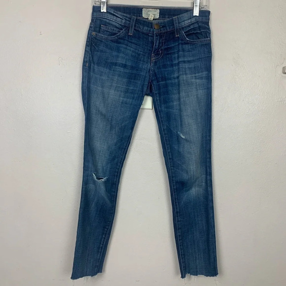 Current Elliot Straight Jeans Frayed Raw Hem Distressed Medium Wash Blue Denim - Picture 1 of 5